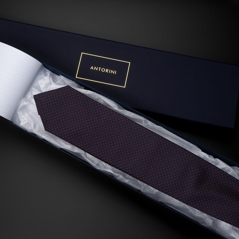 Luxusní kravata s kapsičkou na kartu, modrá s červenými tečkami-ANTORINI®