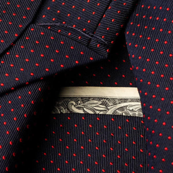 Luxusní kravata s kapsičkou na kartu, modrá s červenými tečkami (4164697882668)