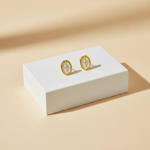 Stříbrné dámské náušnice Oval Cross, stříbro 925/1000, 2 g, pozlaceno