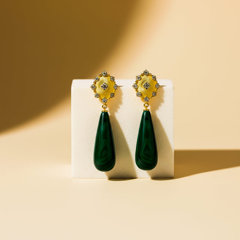 Stříbrné dámské náušnice Malachite, stříbro 925/1000, 2,5 g, pozlaceno