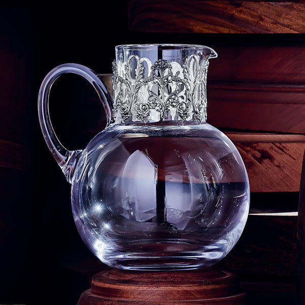 Velký skleněný džbán s se stříbrnou dekorací, stříbro 925/1000, 88 g