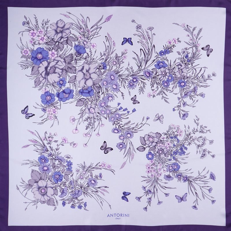 Krásný hedvábný šátek ANTORINI s květy a motýly, fialový (4021928329260)