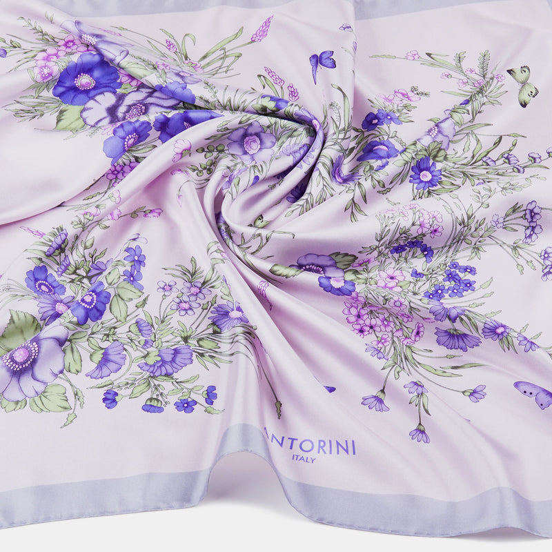 Krásný hedvábný šátek ANTORINI s květy a motýly, stříbrno-fialový (4026188431404)