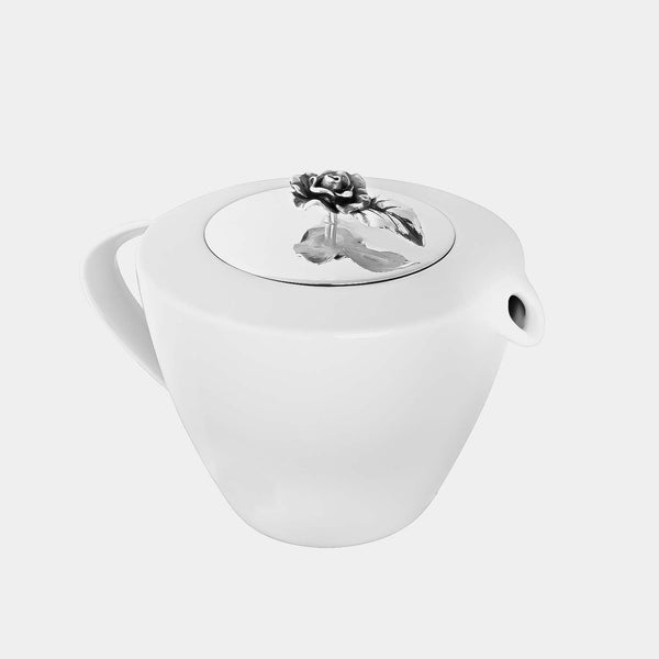 Porcelánová konvička na čaj se stříbrným víčkem a růží, stříbro 925/1000, 65 g