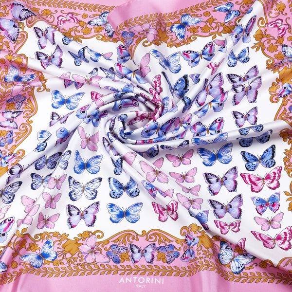 Hedvábný šátek ANTORINI s motýly, růžový (4038137479212)